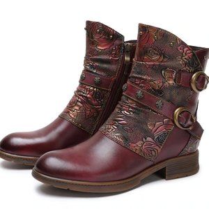 Leather boots, hand embossed in dark red and silver tones, size 38/7.5